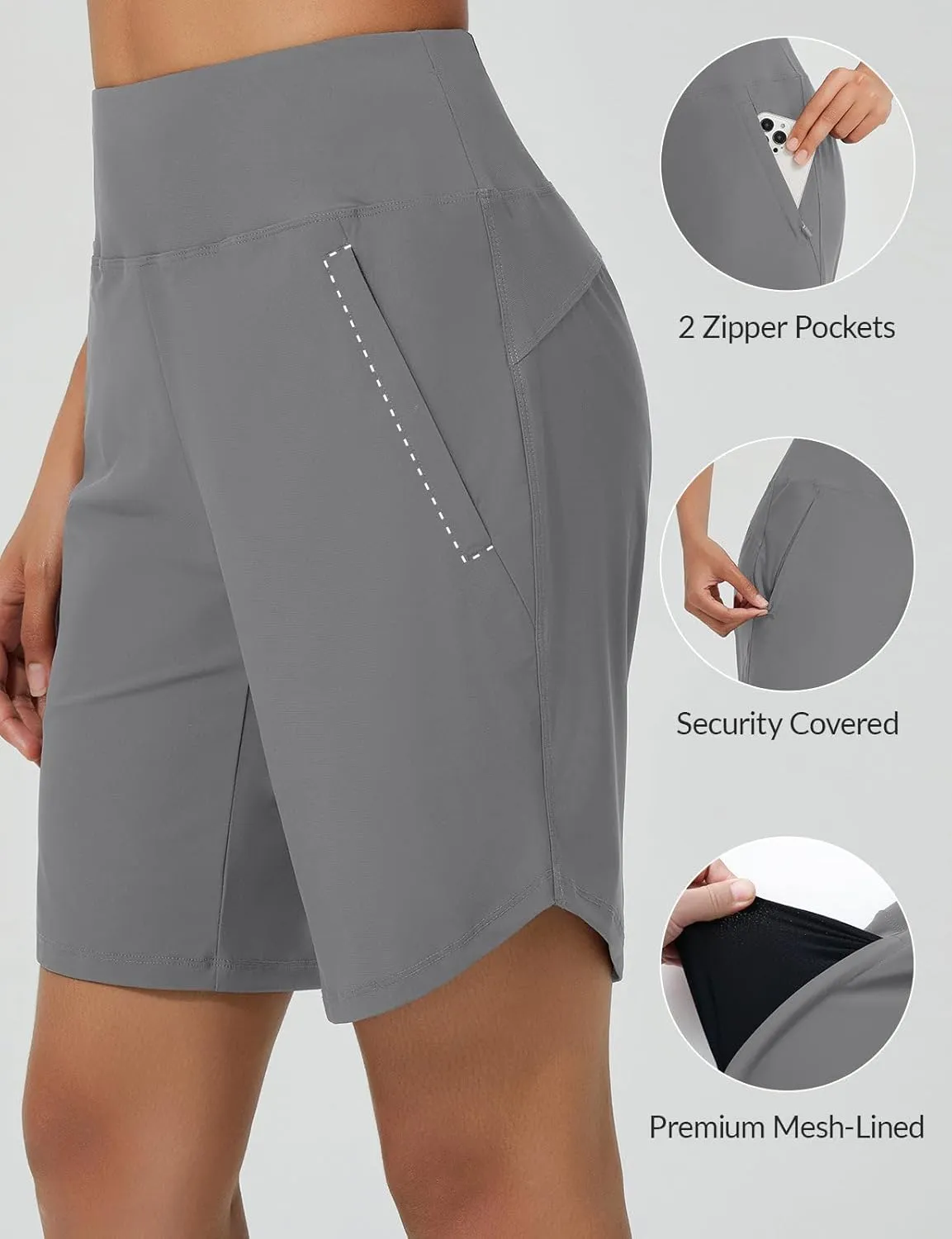 baleaf Women's 9" Long Swim Board Shorts with Zipper Pockets High Waisted Tummy Control Beach Shorts with Liner