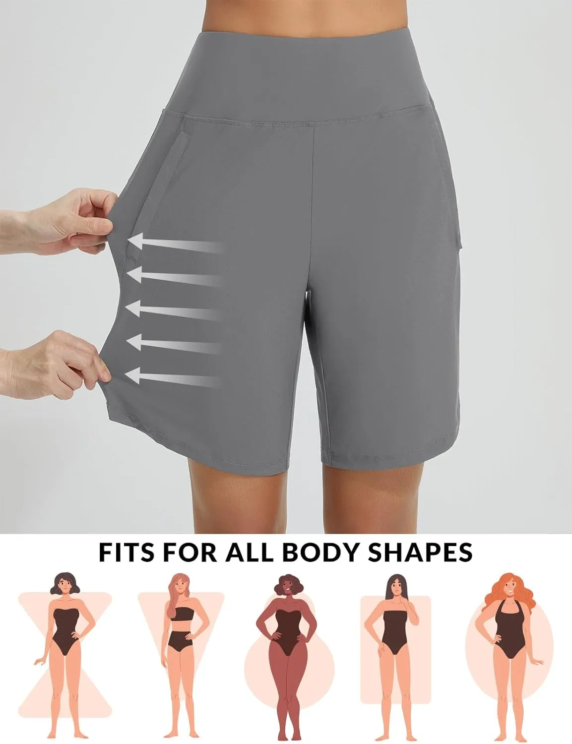 baleaf Women's 9" Long Swim Board Shorts with Zipper Pockets High Waisted Tummy Control Beach Shorts with Liner