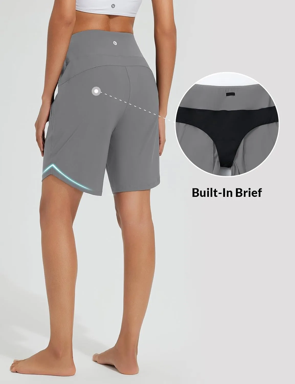 baleaf Women's 9" Long Swim Board Shorts with Zipper Pockets High Waisted Tummy Control Beach Shorts with Liner