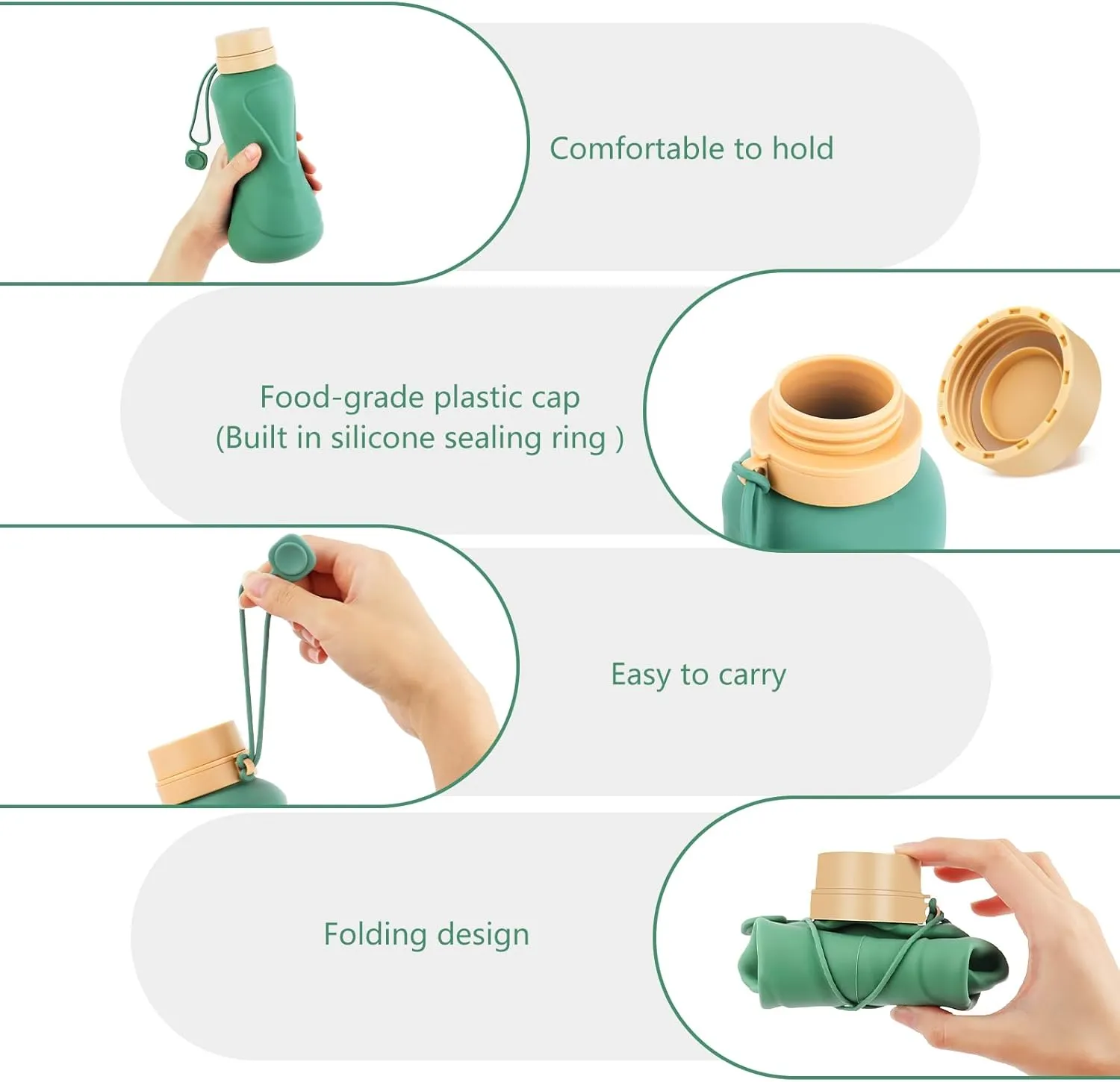Collapsible Water Bottles,650ml,Leak Proof,Reuseable BPA Free Silicone Foldable Water Bottles,Durable Lightweight for Travel Gym Camping Hiking,Compact Size Portable Sports Water Bottle (Green)