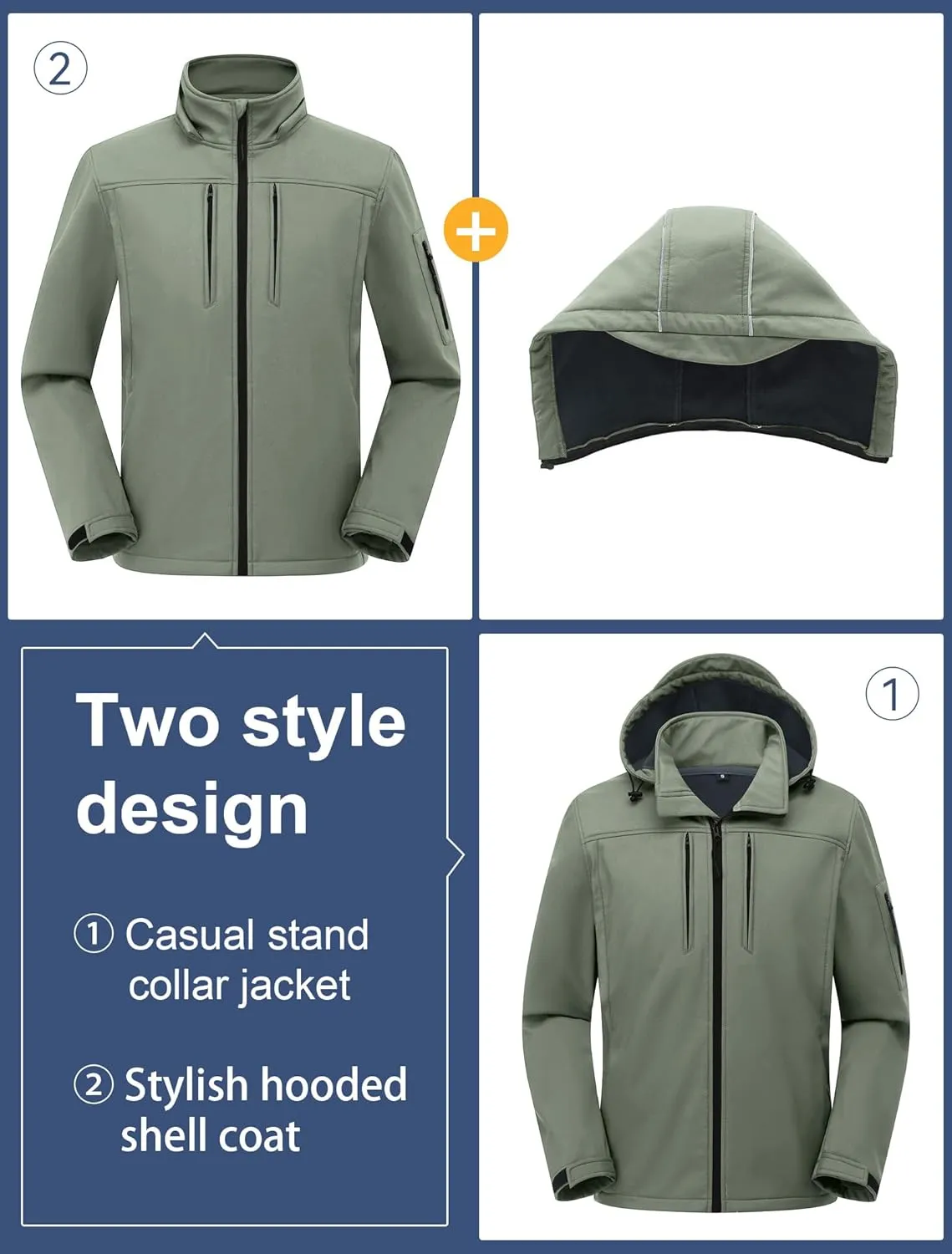 CREATMO US Men's Softshell Military Jacket With Removable Hood, Fleece Lined and Water Repellent Outdoor Reflective Coat