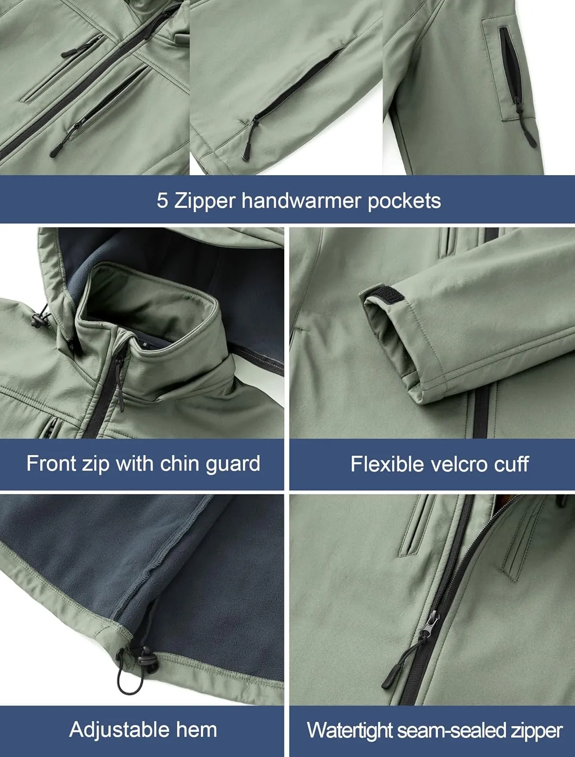 CREATMO US Men's Softshell Military Jacket With Removable Hood, Fleece Lined and Water Repellent Outdoor Reflective Coat