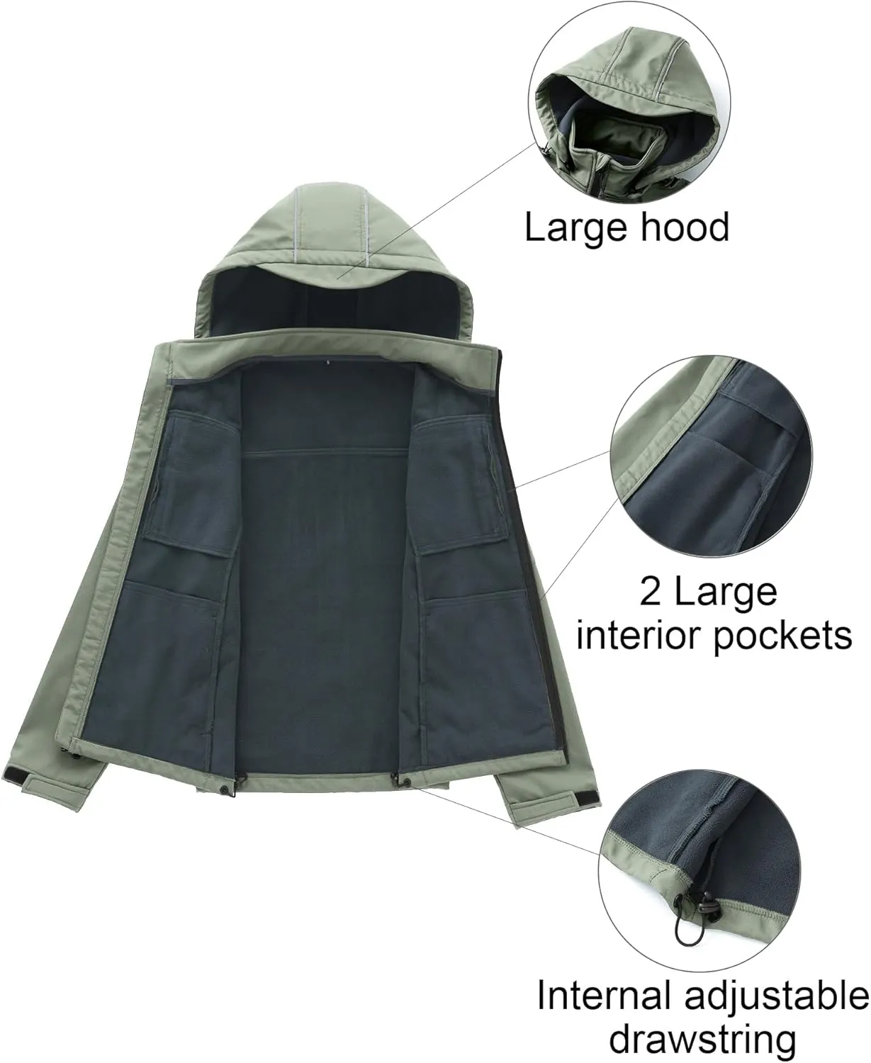 CREATMO US Men's Softshell Military Jacket With Removable Hood, Fleece Lined and Water Repellent Outdoor Reflective Coat