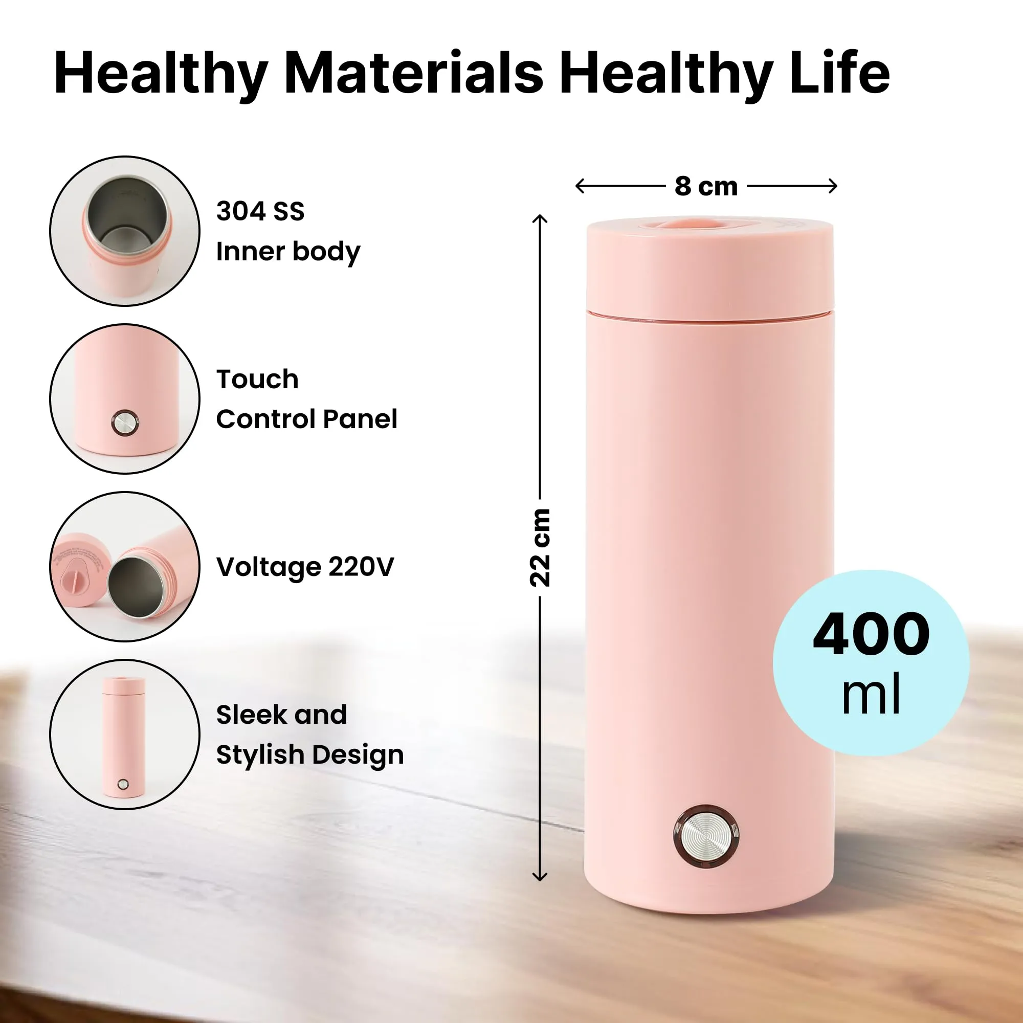 FUMATO Portable Electric Kettle (400ml, 300W) - Fast Heating, Auto Shut-Off & Dry Protection, Stainless Steel Interior, Perfect for Travel, Tea, Coffee - Pink