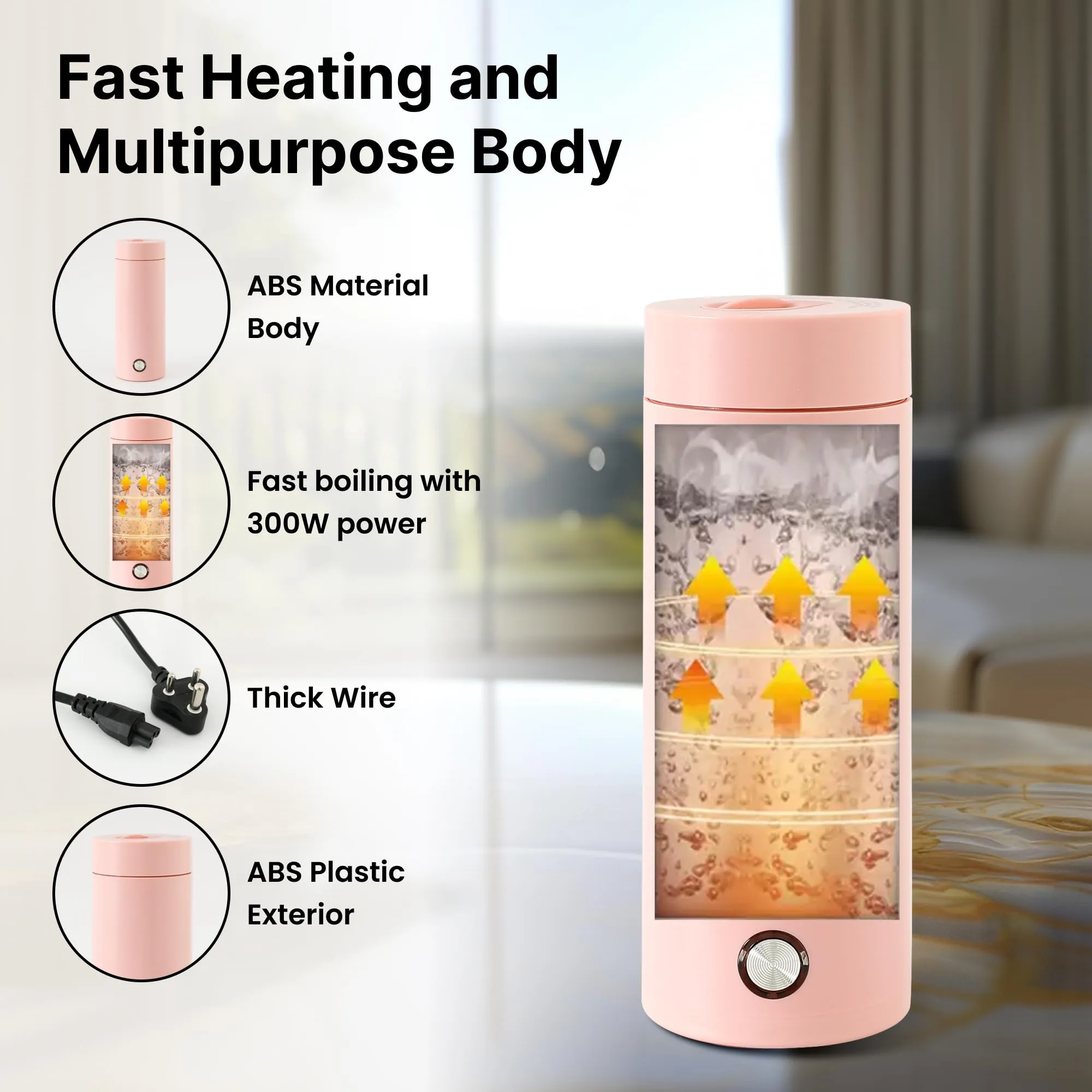 FUMATO Portable Electric Kettle (400ml, 300W) - Fast Heating, Auto Shut-Off & Dry Protection, Stainless Steel Interior, Perfect for Travel, Tea, Coffee - Pink