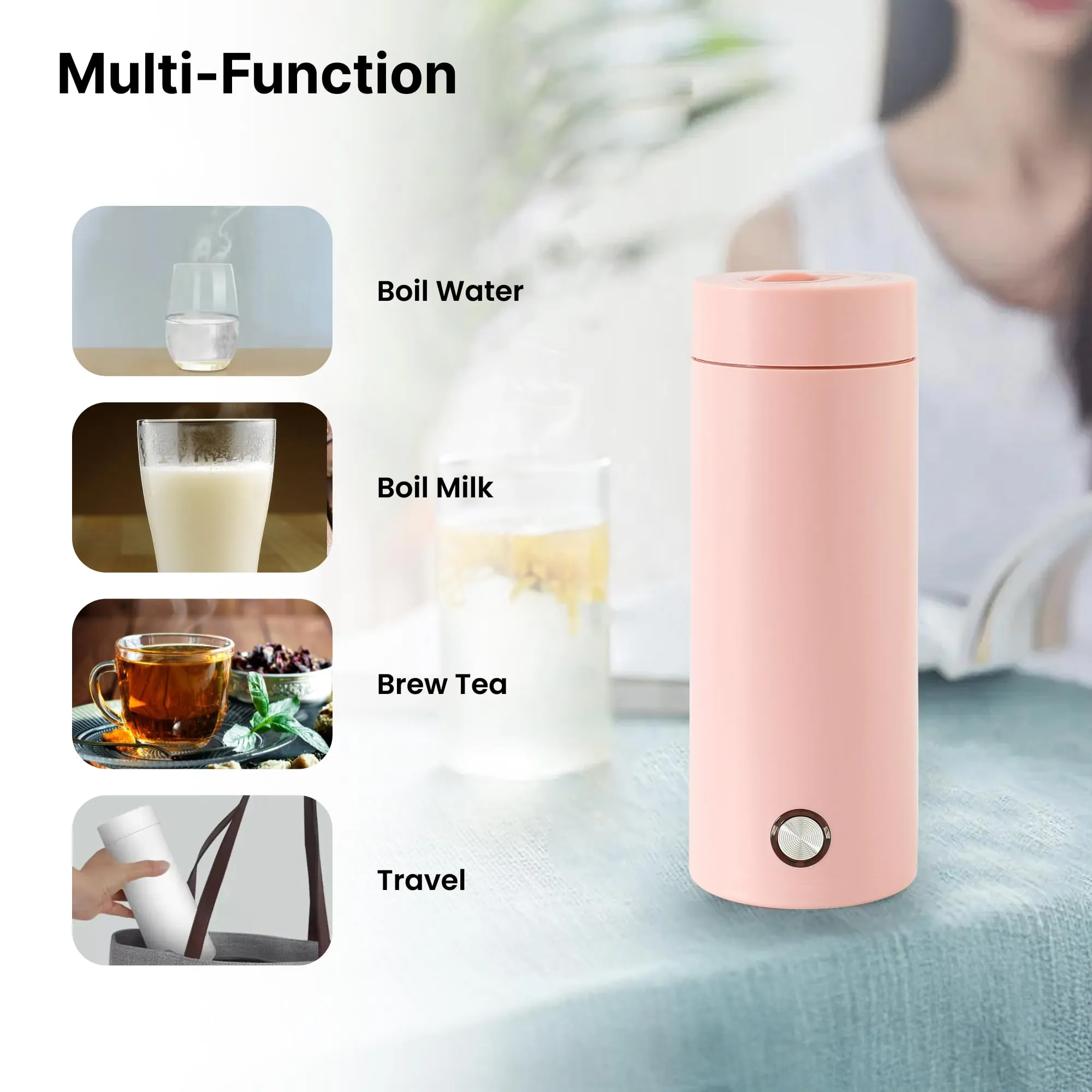 FUMATO Portable Electric Kettle (400ml, 300W) - Fast Heating, Auto Shut-Off & Dry Protection, Stainless Steel Interior, Perfect for Travel, Tea, Coffee - Pink