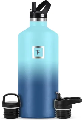 IRON FLASK Camping & Hiking Hydration Canteens - 3 Lids (Narrow Straw Lid) Leak Proof Vacuum Insulated Stainless Steel - Hot & Cold Double Walled Sports Water Bottle - Blue Waves, 64 Oz