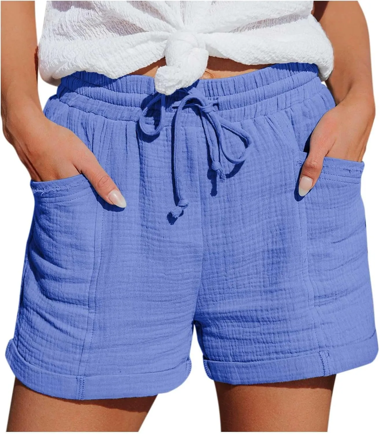 Linen Shorts for Women Summer Casual Loose Shorts Drawstring Elastic Waist Lightweight Bermuda Shorts with Pockets