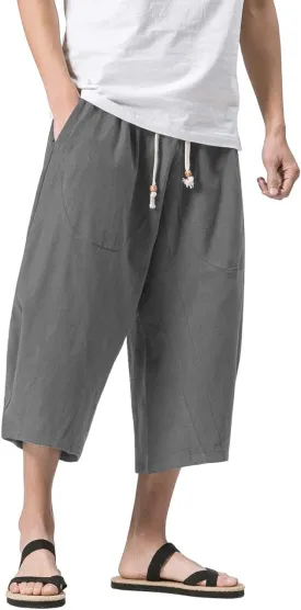 MAGNIVIT Men's Linen Cotton Capri Pants Loose Fit Elastic Waist Wide Leg Baggy Harem Pants