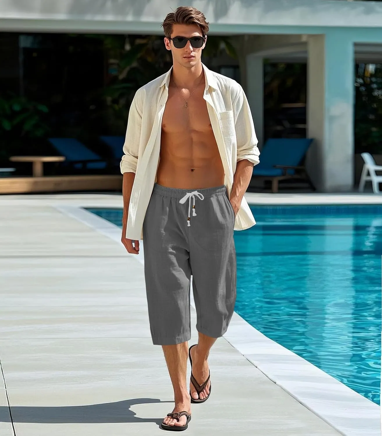 MAGNIVIT Men's Linen Cotton Capri Pants Loose Fit Elastic Waist Wide Leg Baggy Harem Pants