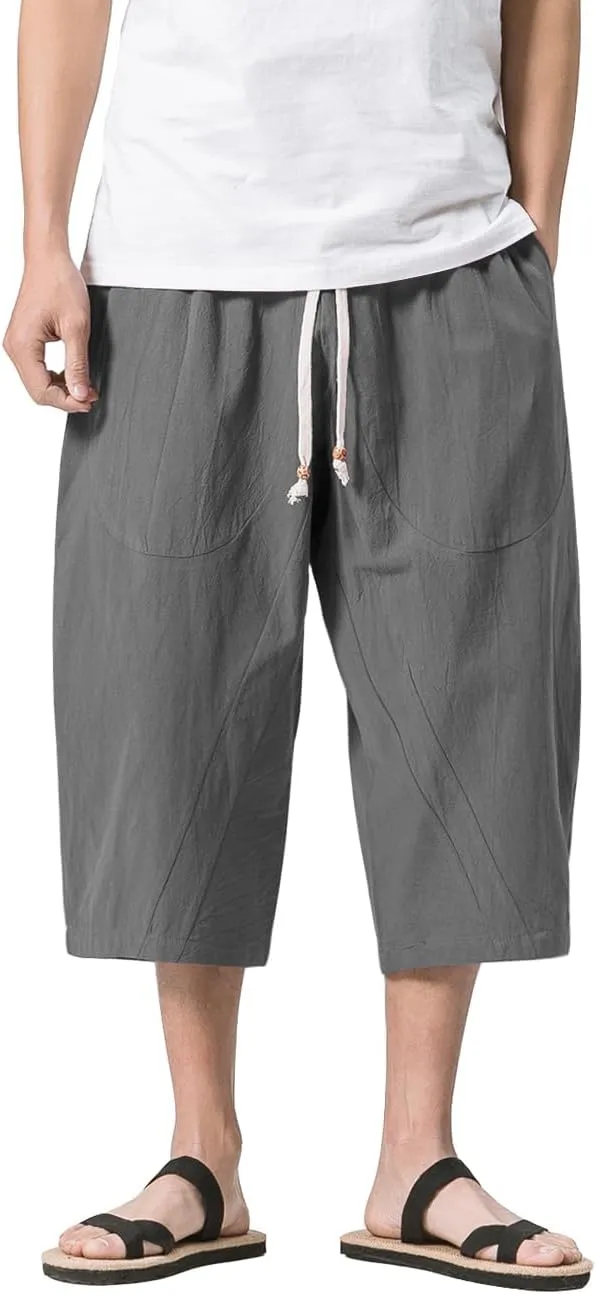 MAGNIVIT Men's Linen Cotton Capri Pants Loose Fit Elastic Waist Wide Leg Baggy Harem Pants