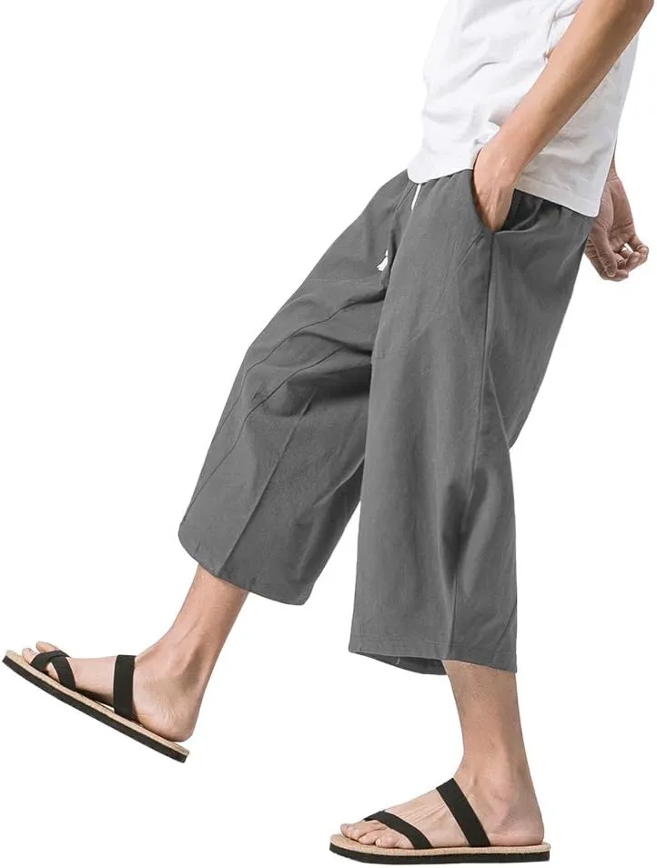 MAGNIVIT Men's Linen Cotton Capri Pants Loose Fit Elastic Waist Wide Leg Baggy Harem Pants