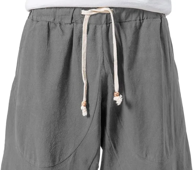 MAGNIVIT Men's Linen Cotton Capri Pants Loose Fit Elastic Waist Wide Leg Baggy Harem Pants