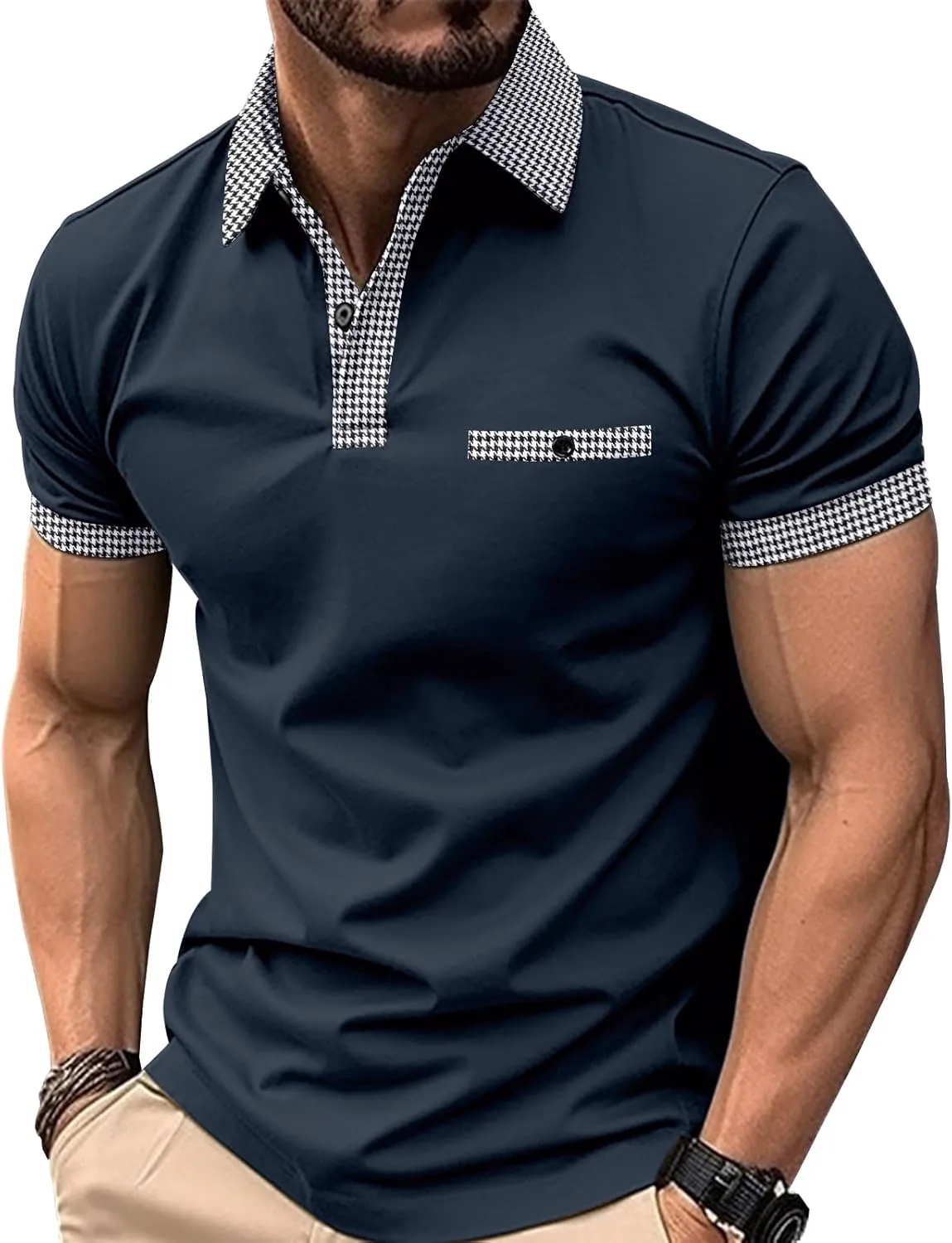 Mens Classic Polo Shirt Casual Short Sleeve Plaid Splice T-Shirts Regular-Fit Business&Golf Polo Shirts