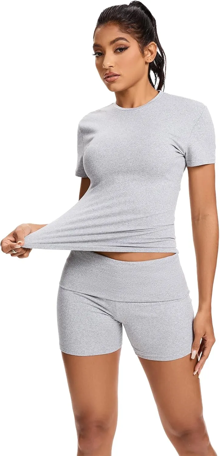 qfmqkpi Women Workout 2 Piece sets Short Sleeve Tops Slim Foldover Shorts Matching Gym Outfits Tracksuit