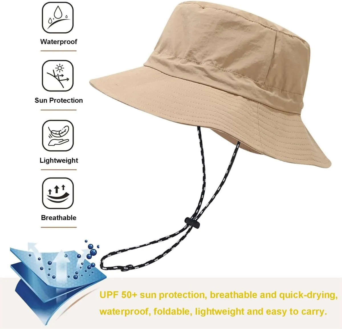 Sun Hat Waterproof Bucket Hat UV Protection Fishing Hat with Chinstrap Quick Drying Foldable Fisherman Hat for Men Women