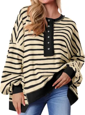 Tankaneo Womens Oversized Striped Sweatshirts Henley Shirts Color Block Casual Pullover Waffle Knit Tops