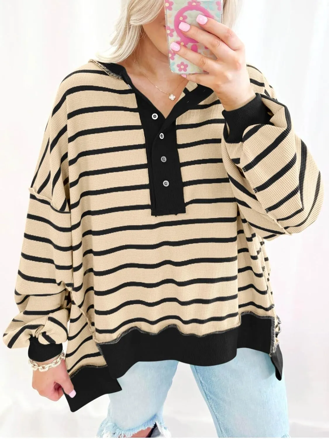 Tankaneo Womens Oversized Striped Sweatshirts Henley Shirts Color Block Casual Pullover Waffle Knit Tops