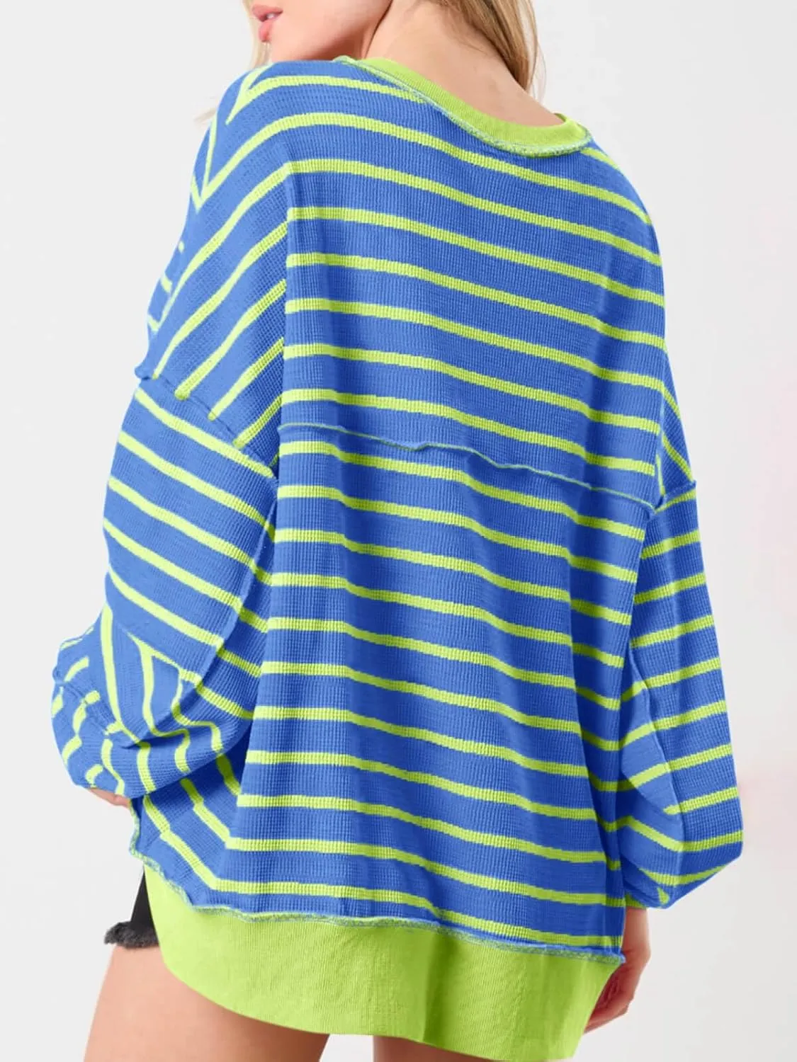 Tankaneo Womens Oversized Striped Sweatshirts Henley Shirts Color Block Casual Pullover Waffle Knit Tops