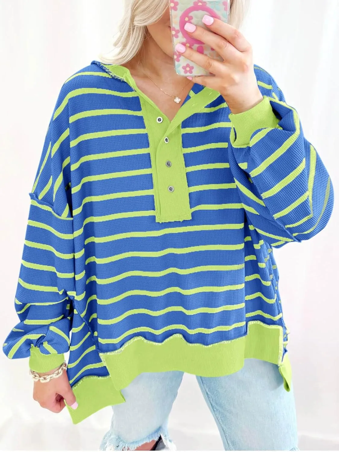 Tankaneo Womens Oversized Striped Sweatshirts Henley Shirts Color Block Casual Pullover Waffle Knit Tops