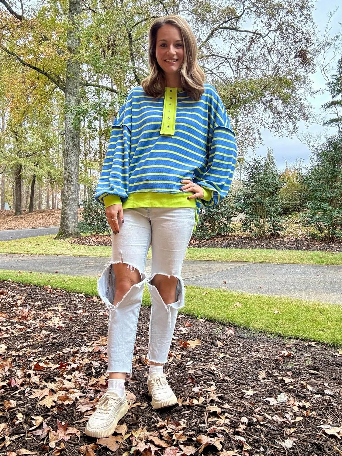 Tankaneo Womens Oversized Striped Sweatshirts Henley Shirts Color Block Casual Pullover Waffle Knit Tops