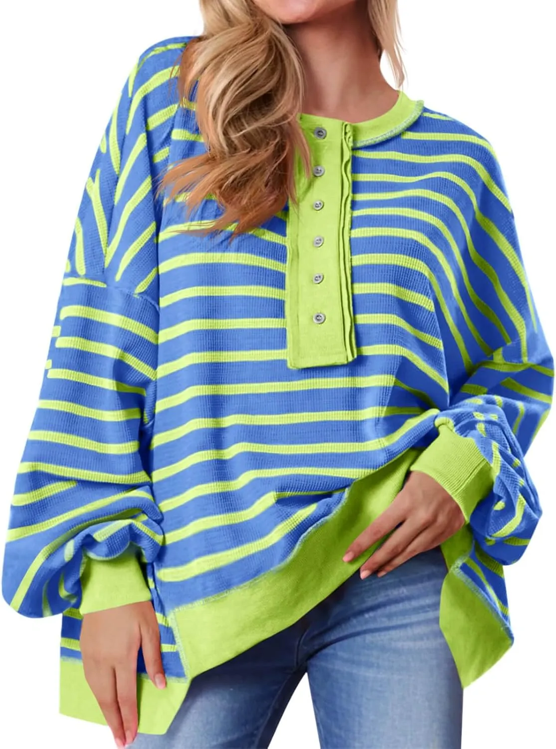 Tankaneo Womens Oversized Striped Sweatshirts Henley Shirts Color Block Casual Pullover Waffle Knit Tops