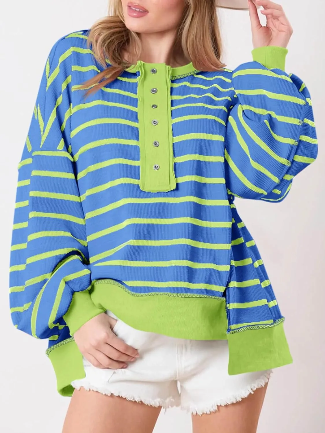 Tankaneo Womens Oversized Striped Sweatshirts Henley Shirts Color Block Casual Pullover Waffle Knit Tops