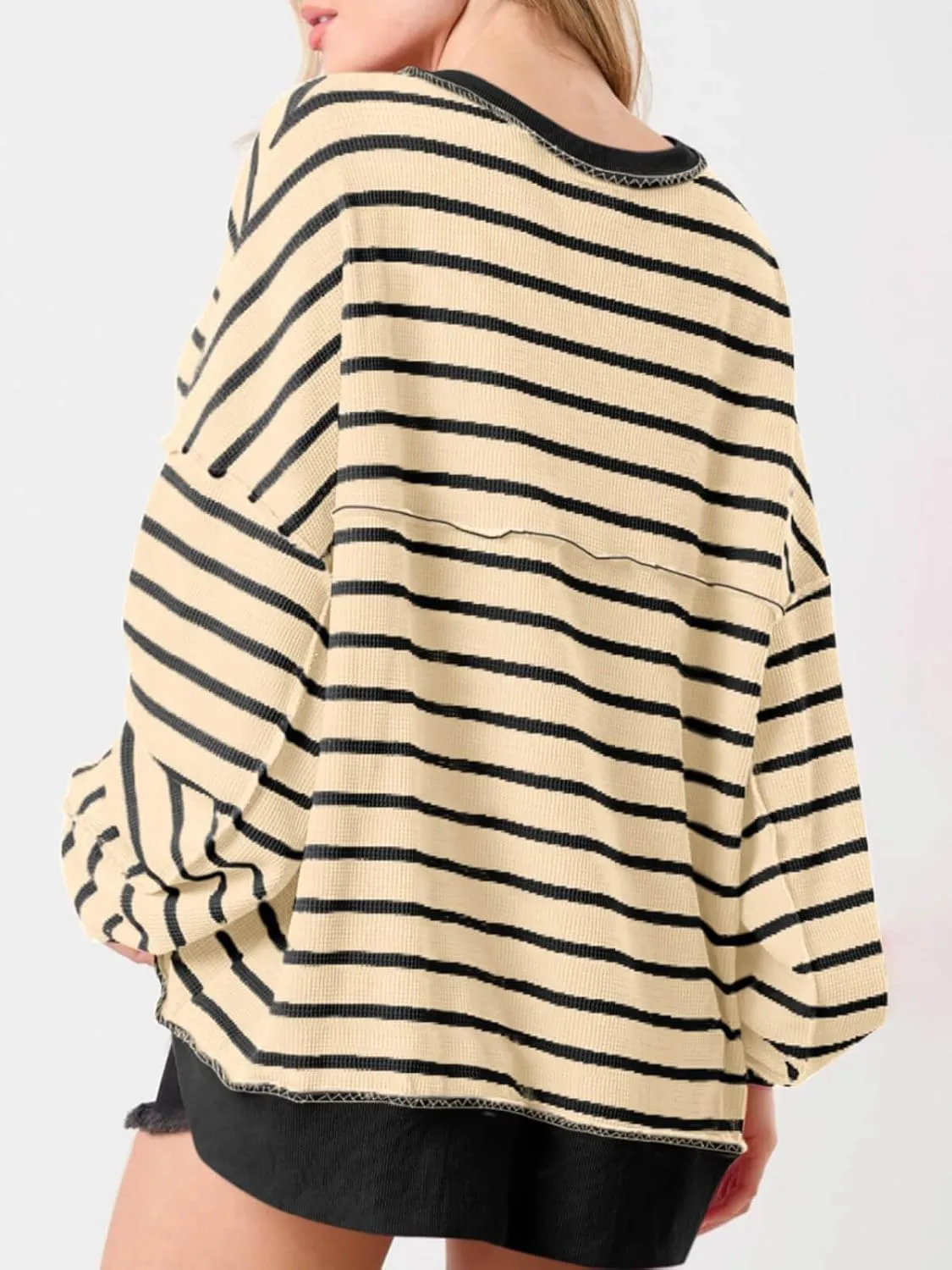 Tankaneo Womens Oversized Striped Sweatshirts Henley Shirts Color Block Casual Pullover Waffle Knit Tops