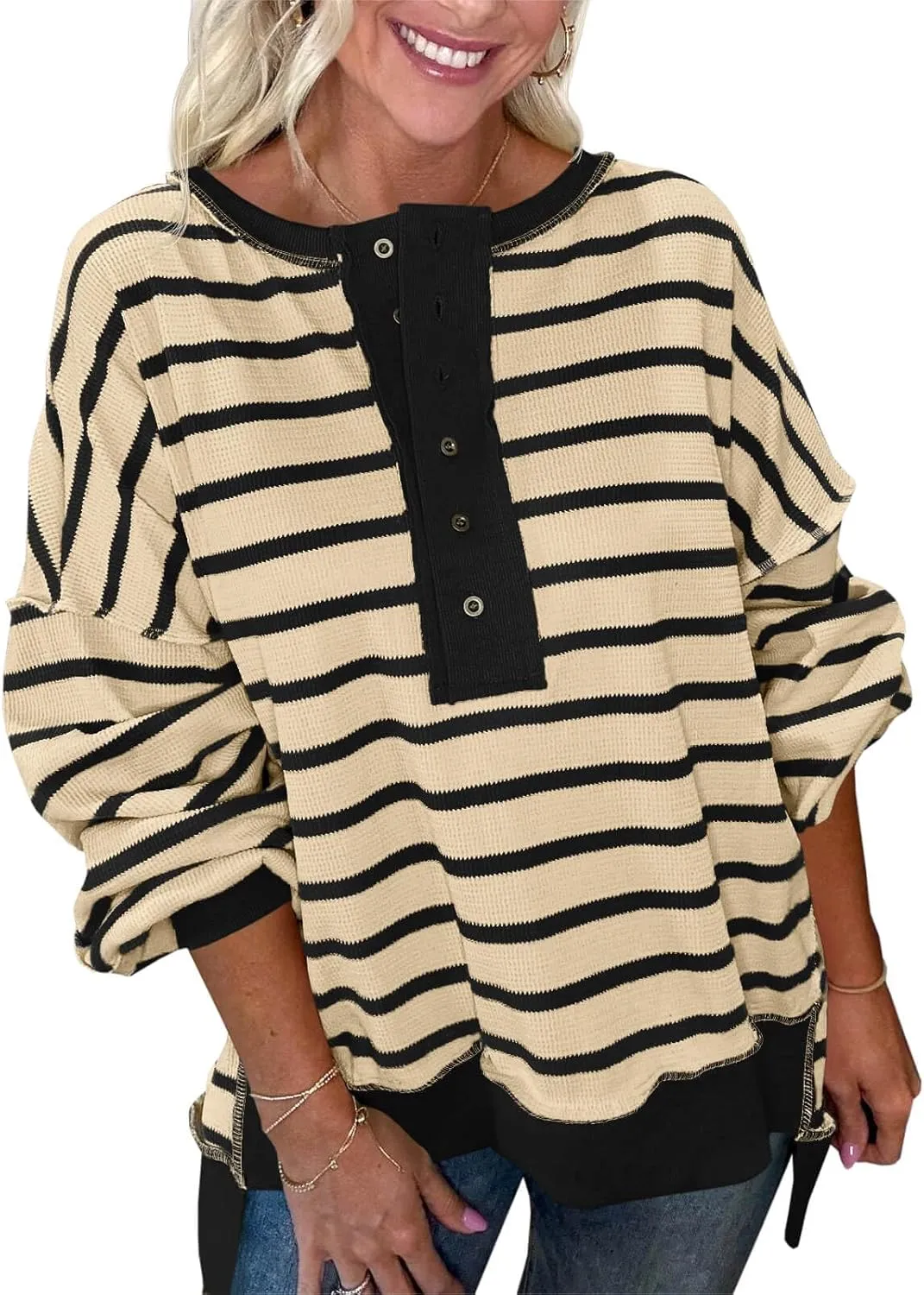 Tankaneo Womens Oversized Striped Sweatshirts Henley Shirts Color Block Casual Pullover Waffle Knit Tops