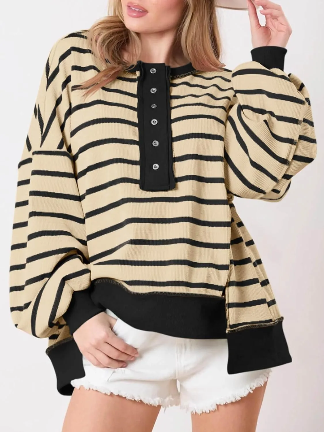 Tankaneo Womens Oversized Striped Sweatshirts Henley Shirts Color Block Casual Pullover Waffle Knit Tops