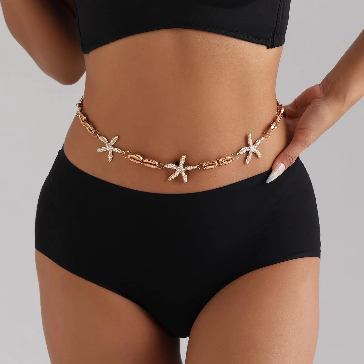 Todenb Sea Shell Starfish Waist Chians for Women Boho Conch Pearl Body Chains Waterproof Summer Beach Seashell Chains Waist Body Jewelry