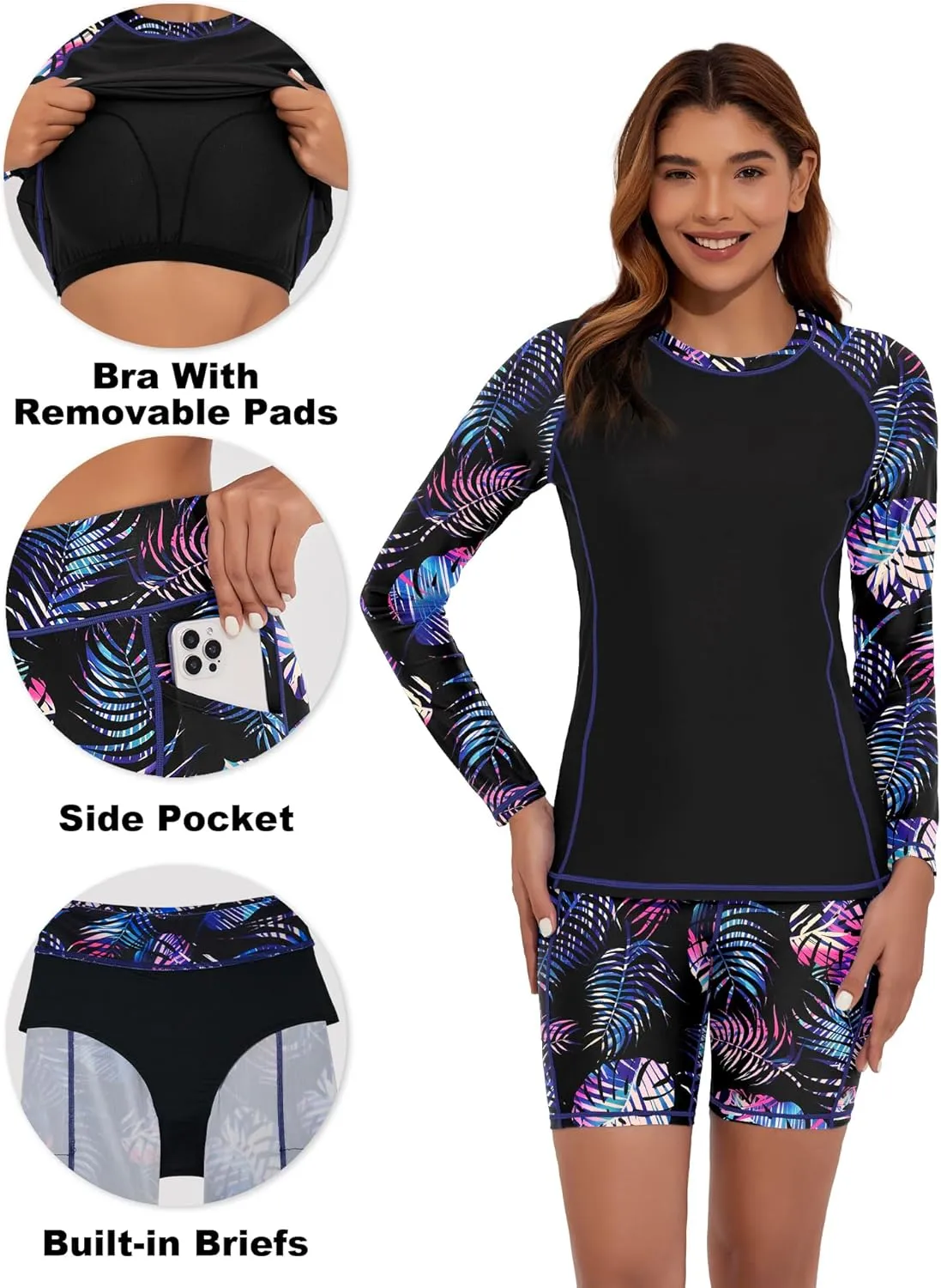 Tournesol Women's 2 Piece Rash Guard Long Sleeve Swim Shirt UV UPF 50  Built in Bra Swimsuit with Board Shorts with Pockets