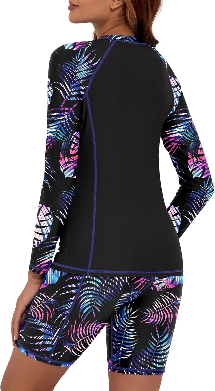Tournesol Women's 2 Piece Rash Guard Long Sleeve Swim Shirt UV UPF 50  Built in Bra Swimsuit with Board Shorts with Pockets
