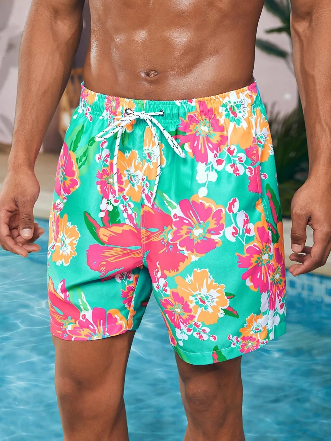 Verdusa Men's Floral Print Drawstring Elastic Waist Swim Trunks Summer Beach Shorts