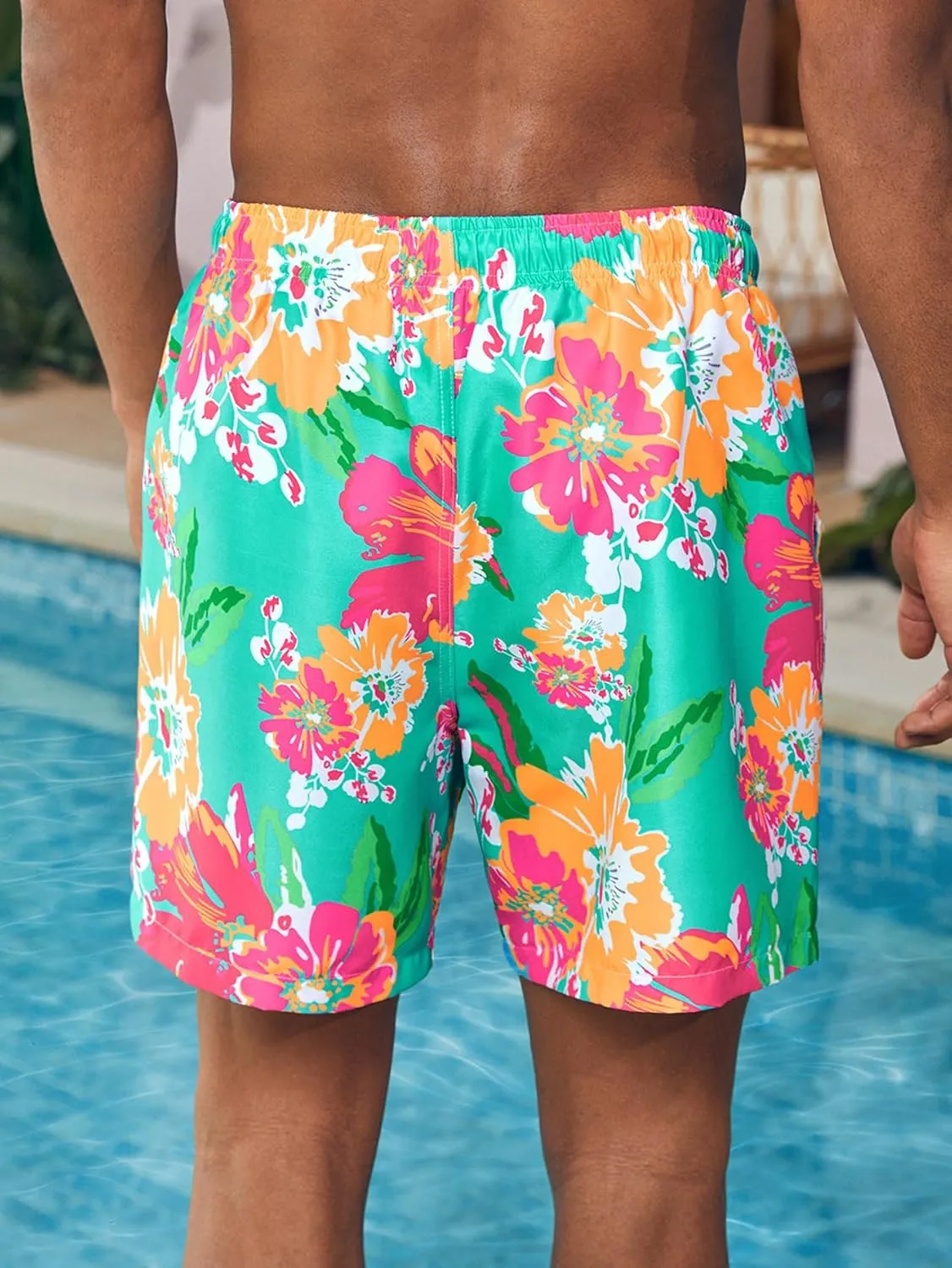 Verdusa Men's Floral Print Drawstring Elastic Waist Swim Trunks Summer Beach Shorts