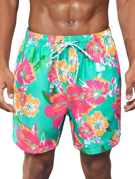 Verdusa Men's Floral Print Drawstring Elastic Waist Swim Trunks Summer Beach Shorts
