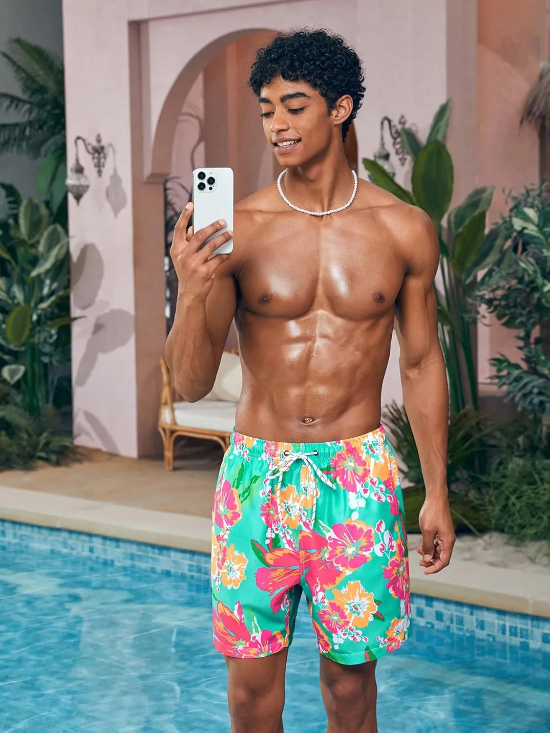 Verdusa Men's Floral Print Drawstring Elastic Waist Swim Trunks Summer Beach Shorts