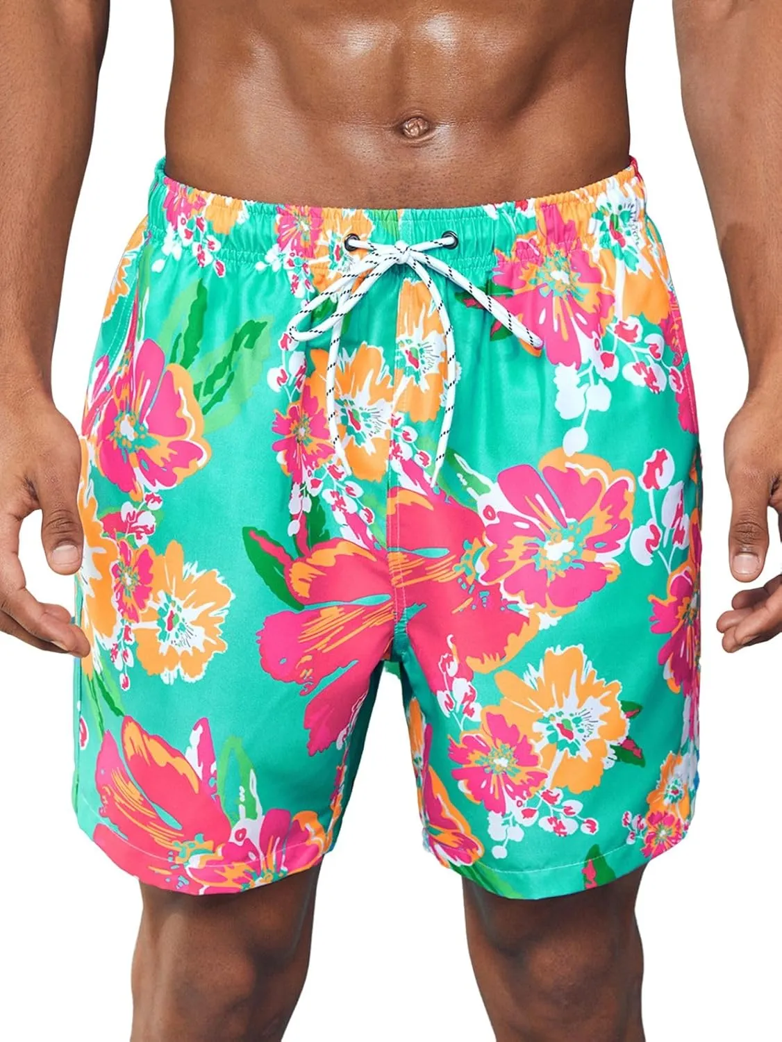 Verdusa Men's Floral Print Drawstring Elastic Waist Swim Trunks Summer Beach Shorts