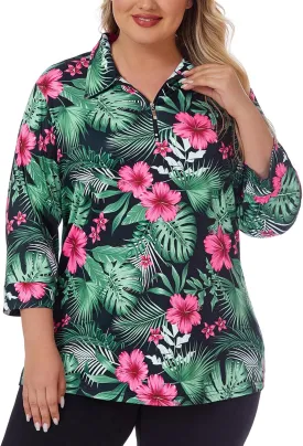 Viracy Plus Size Womens Golf Polo Shirts 3/4 Sleeve Zip Up Quick Dry Workout Tops