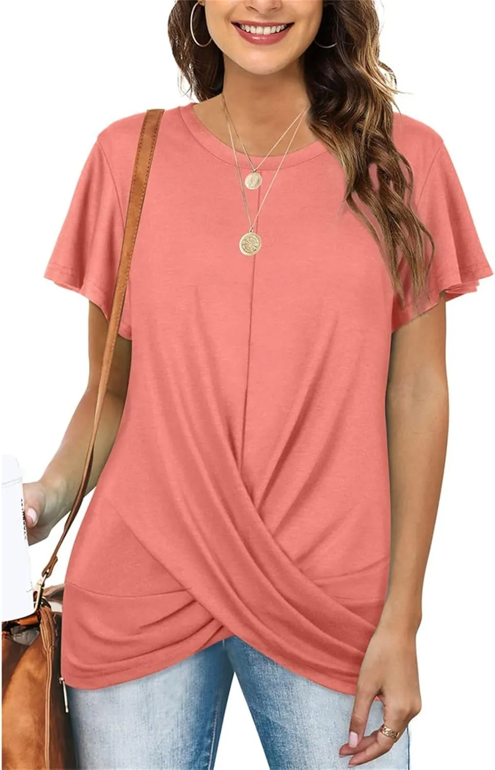 Women's Comfy Casual Summer Tops Short Sleeve V Neck Blouses T Shirts Twist Knot Basic Tees