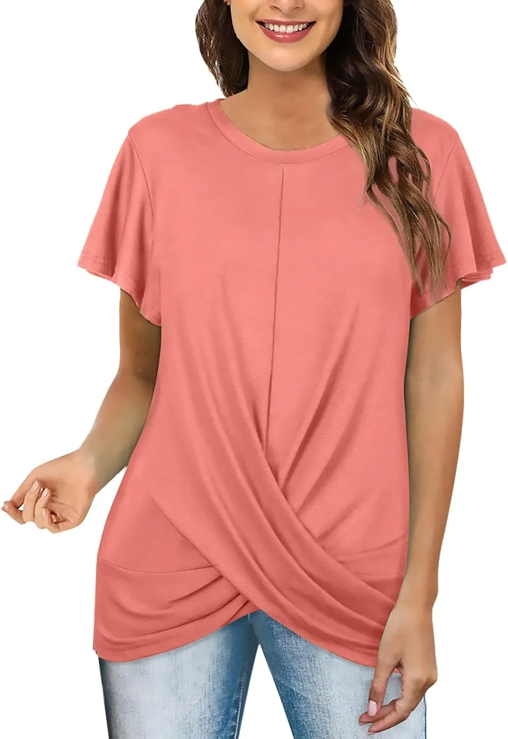 Women's Comfy Casual Summer Tops Short Sleeve V Neck Blouses T Shirts Twist Knot Basic Tees
