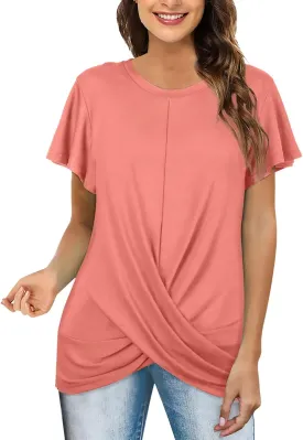 Women's Comfy Casual Summer Tops Short Sleeve V Neck Blouses T Shirts Twist Knot Basic Tees