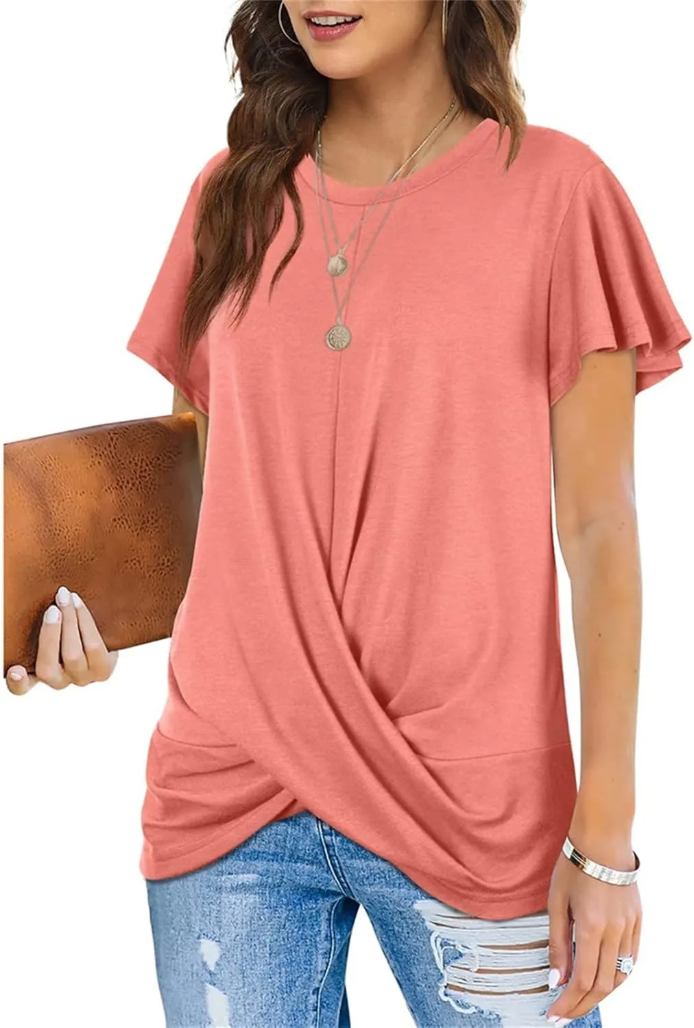 Women's Comfy Casual Summer Tops Short Sleeve V Neck Blouses T Shirts Twist Knot Basic Tees
