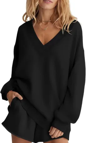 Womens Oversized V Neck Sweatshirts Casual Fleece Long Sleeve Pullover Fall Loose Fit Sweater Tops 2025 Black