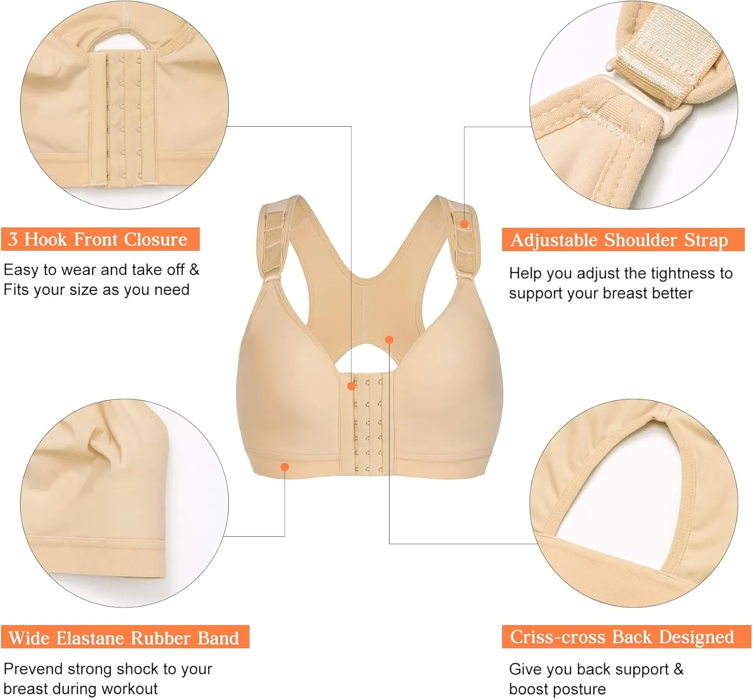 Wonderience Post-Surgical Bra Wide Adjustable Straps with Front Closure Wirefree