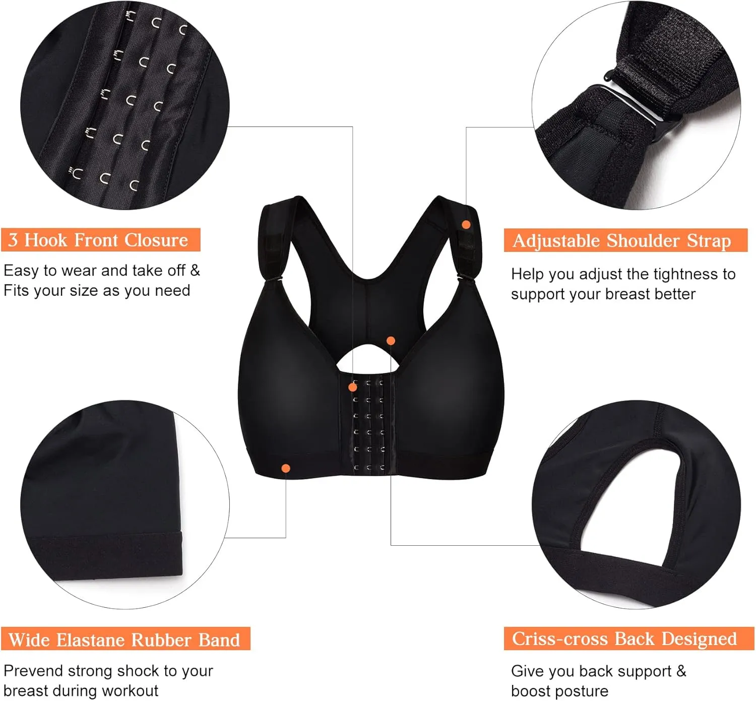 Wonderience Post-Surgical Bra Wide Adjustable Straps with Front Closure Wirefree