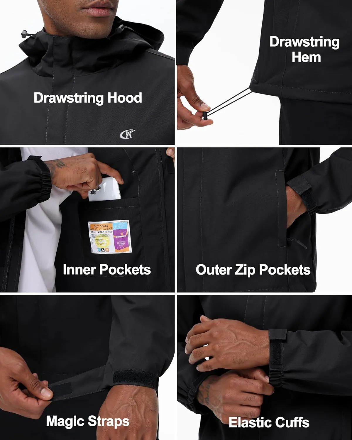 YuKaiChen Mens Rain Jacket Waterproof Hooded Windbreaker Jacket Lightweight Outdoor Hiking Shell Coat