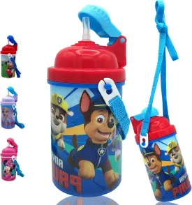 Zak Designs Paw Patrol One Touch Button Water Bottles with Reusable Built in Straw, Carrying Strap - Safe Approved BPA Free, Easy to Clean, for Kids Girls Boys, Goodies, Home, Travel